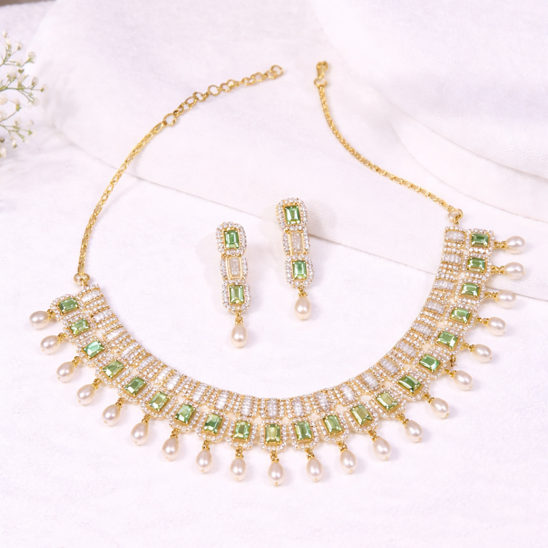 Timeless Emerald Pearl Drops Necklace Set