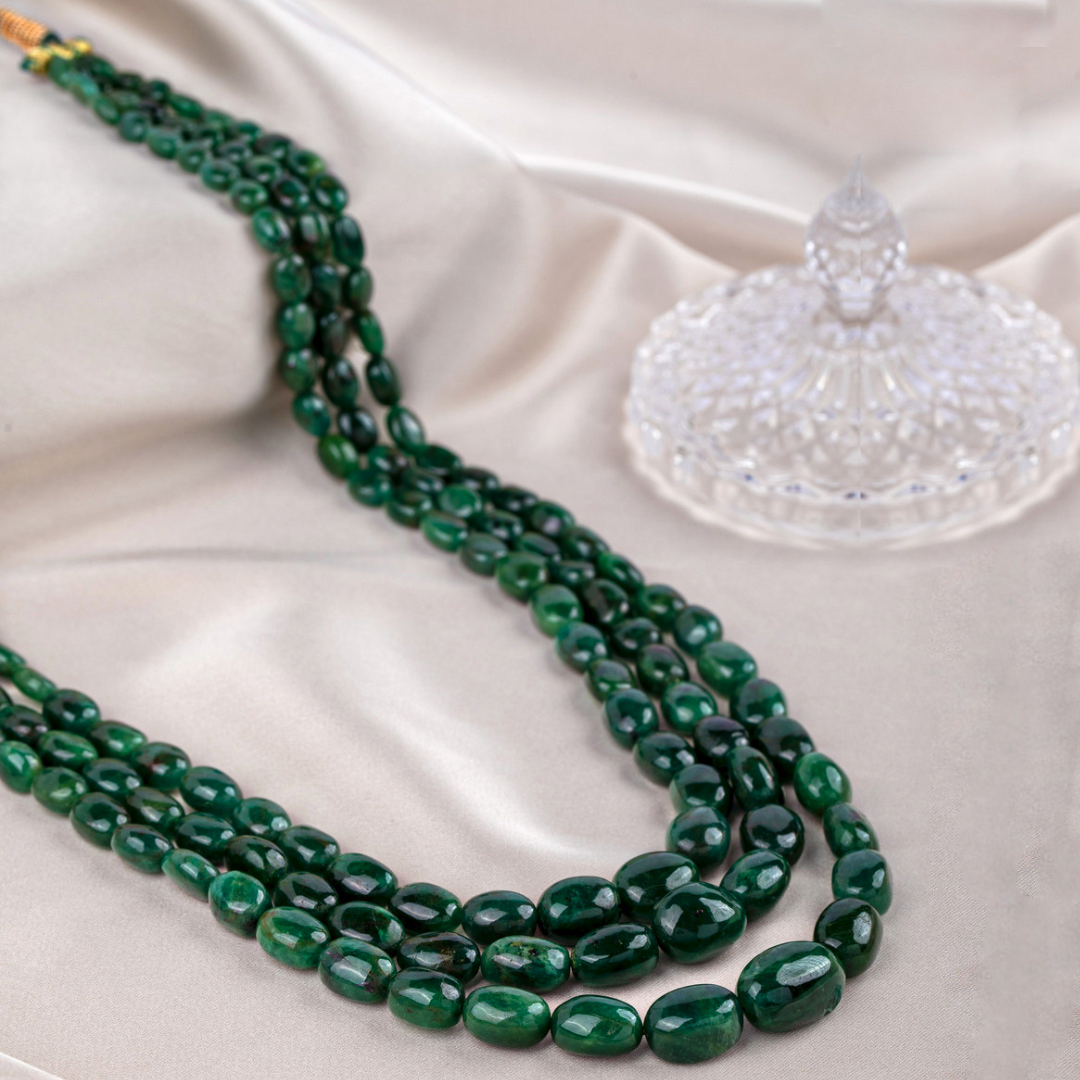 Wild Greenery: 3- Line Uncut Emerald Precious Gem Necklace