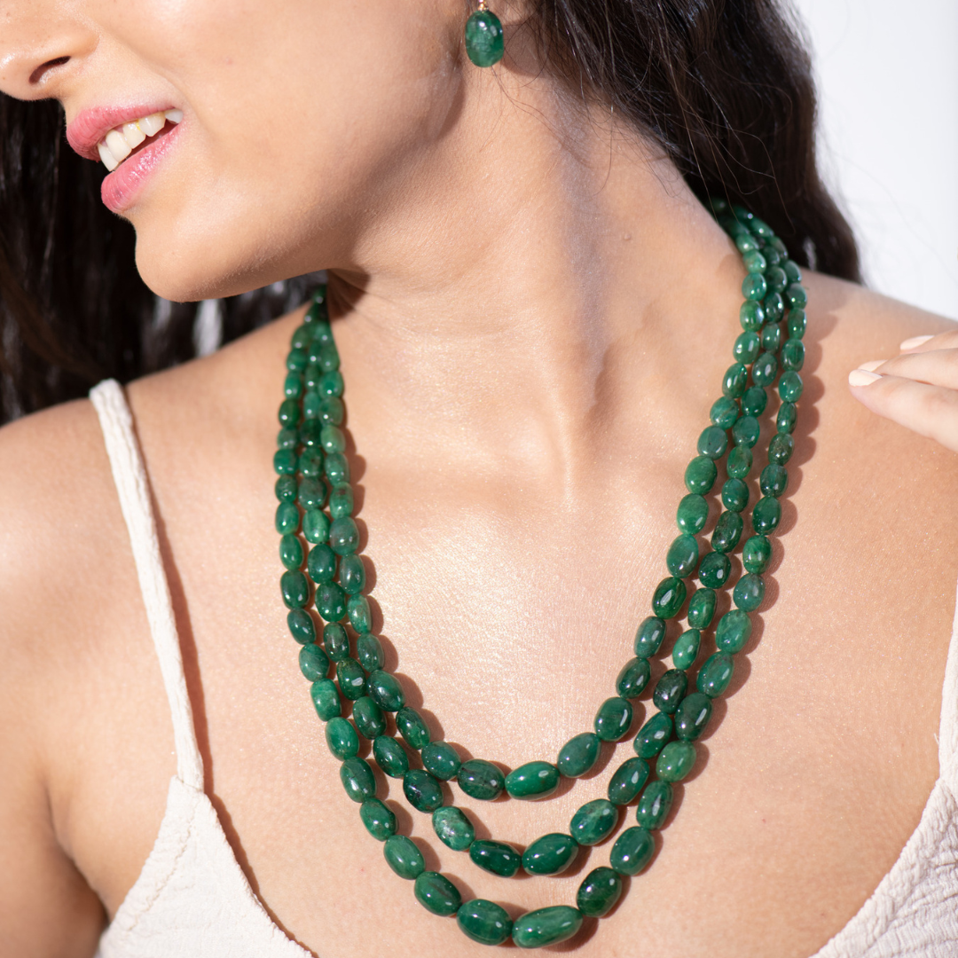 Wild Greenery: 3- Line Uncut Emerald Precious Gem Necklace