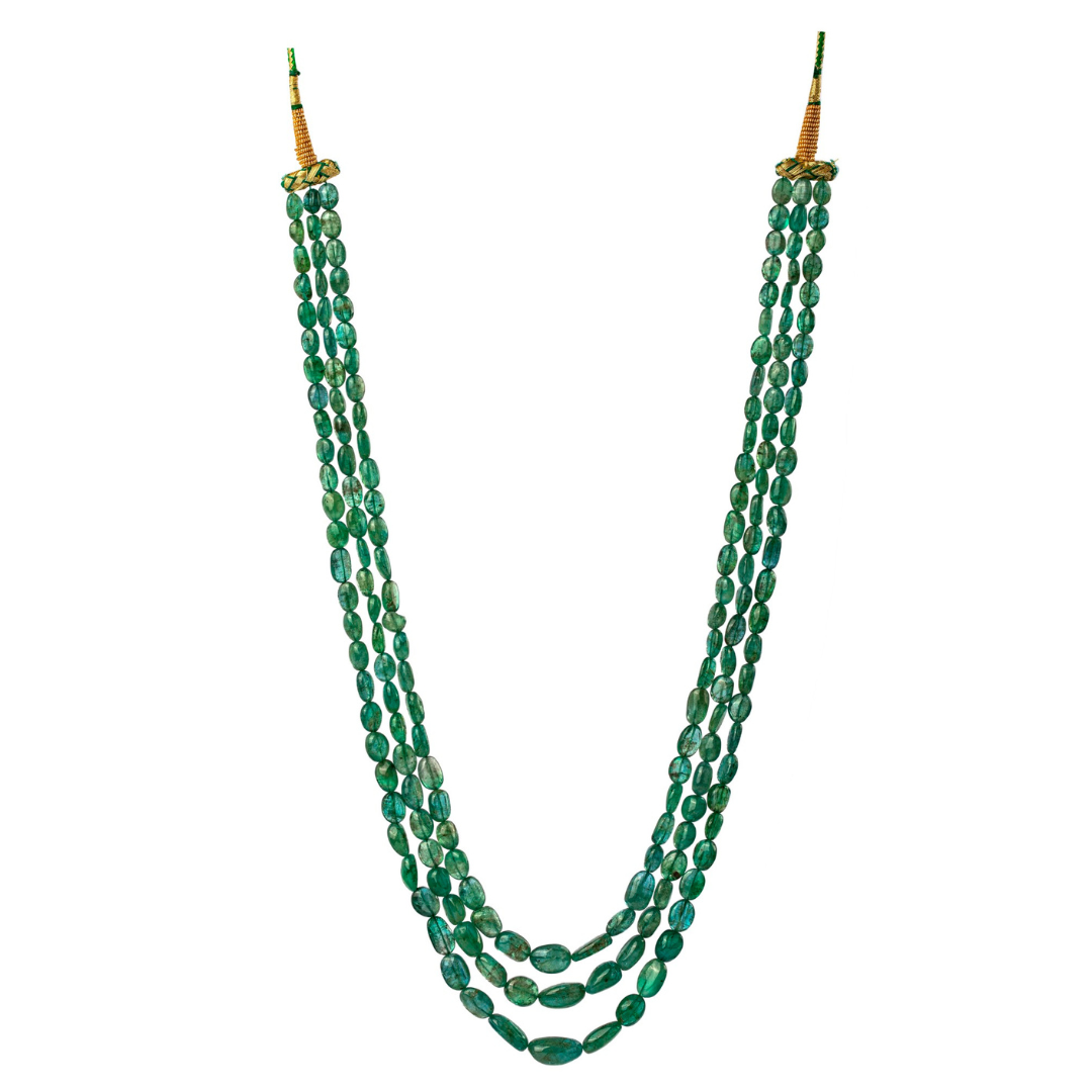 Wild Treasure : 3- Line Uncut Emerald Precious Gem Necklace