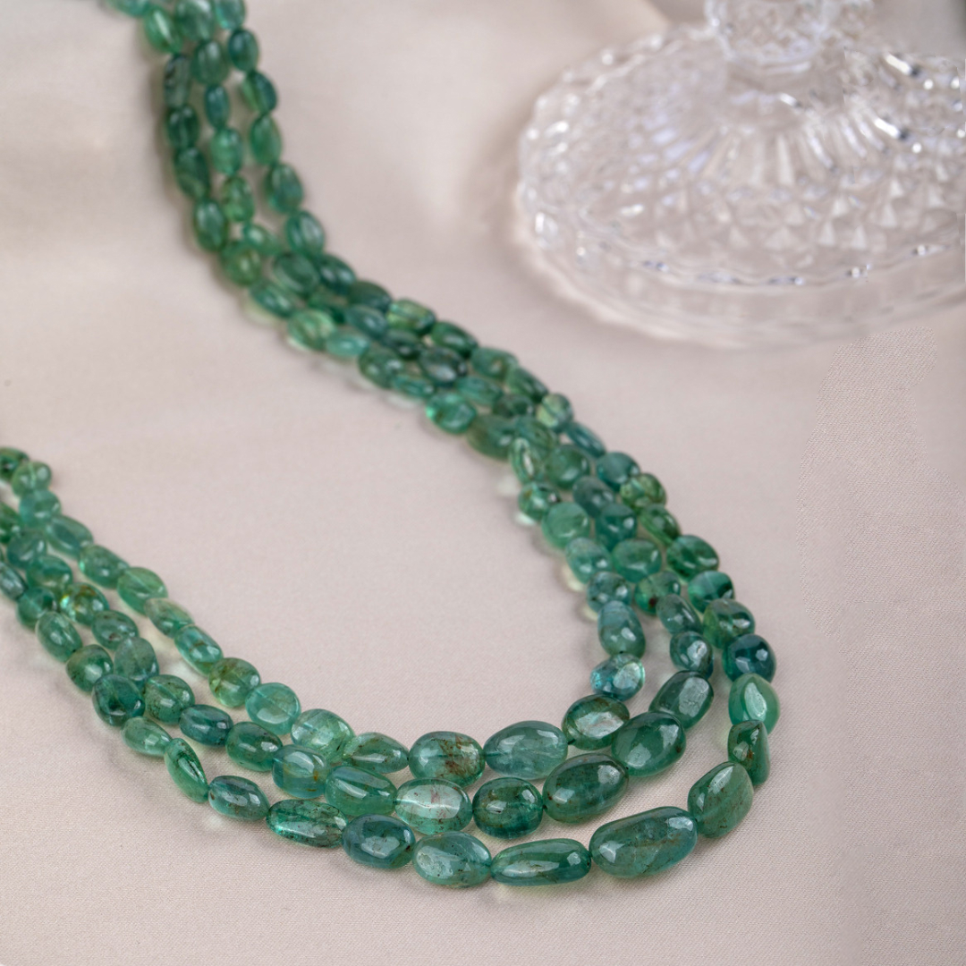 Wild Treasure : 3- Line Uncut Emerald Precious Gem Necklace