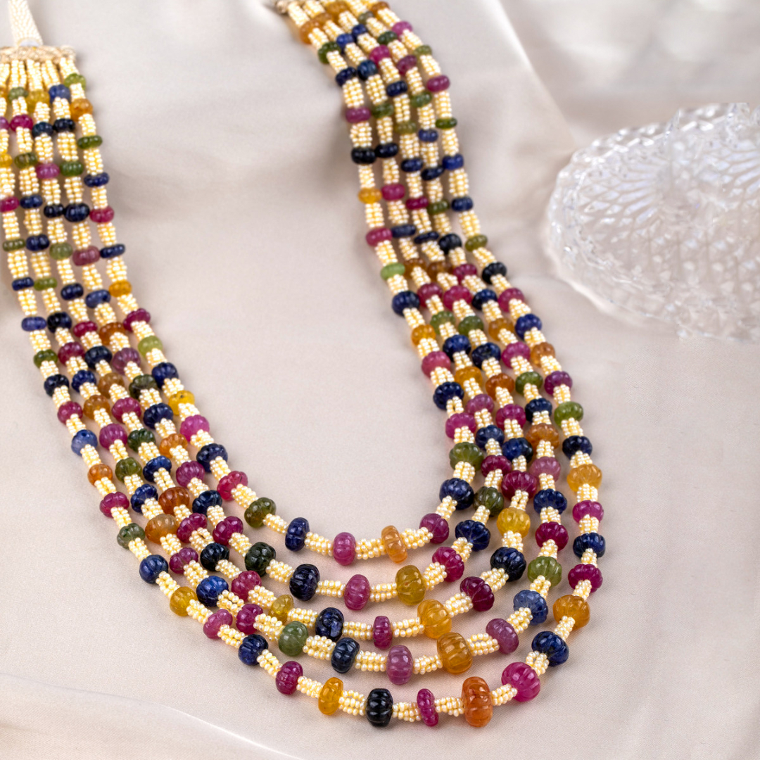 Whimsical Fusion: Multicolour Sapphire and Pearl Five line Necklace