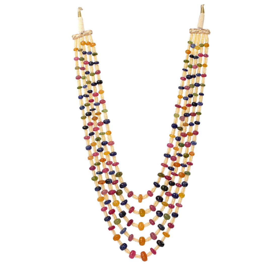 Whimsical Fusion: Multicolour Sapphire and Pearl Five line Necklace