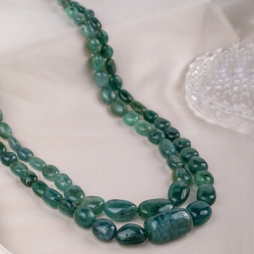 Untouched Glamour: 2-Line Uncut Emerald Precious Gem Necklace