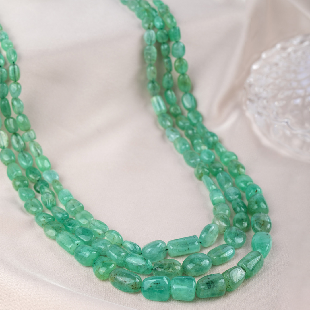 Earth's Treasures: Three-Line Uncut Emerald Necklace