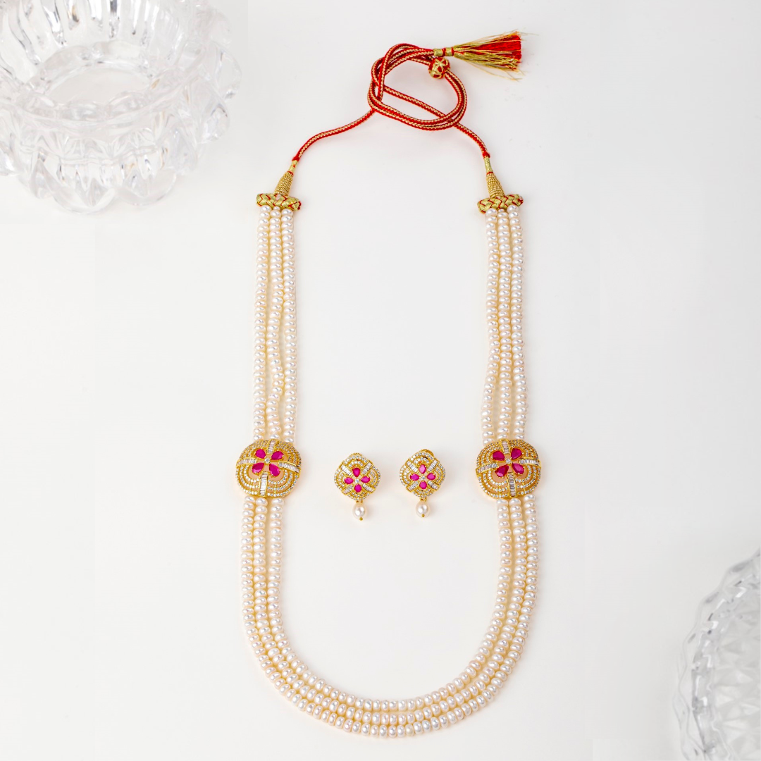 Flora Grace Three-Line Pearl necklace and earring set