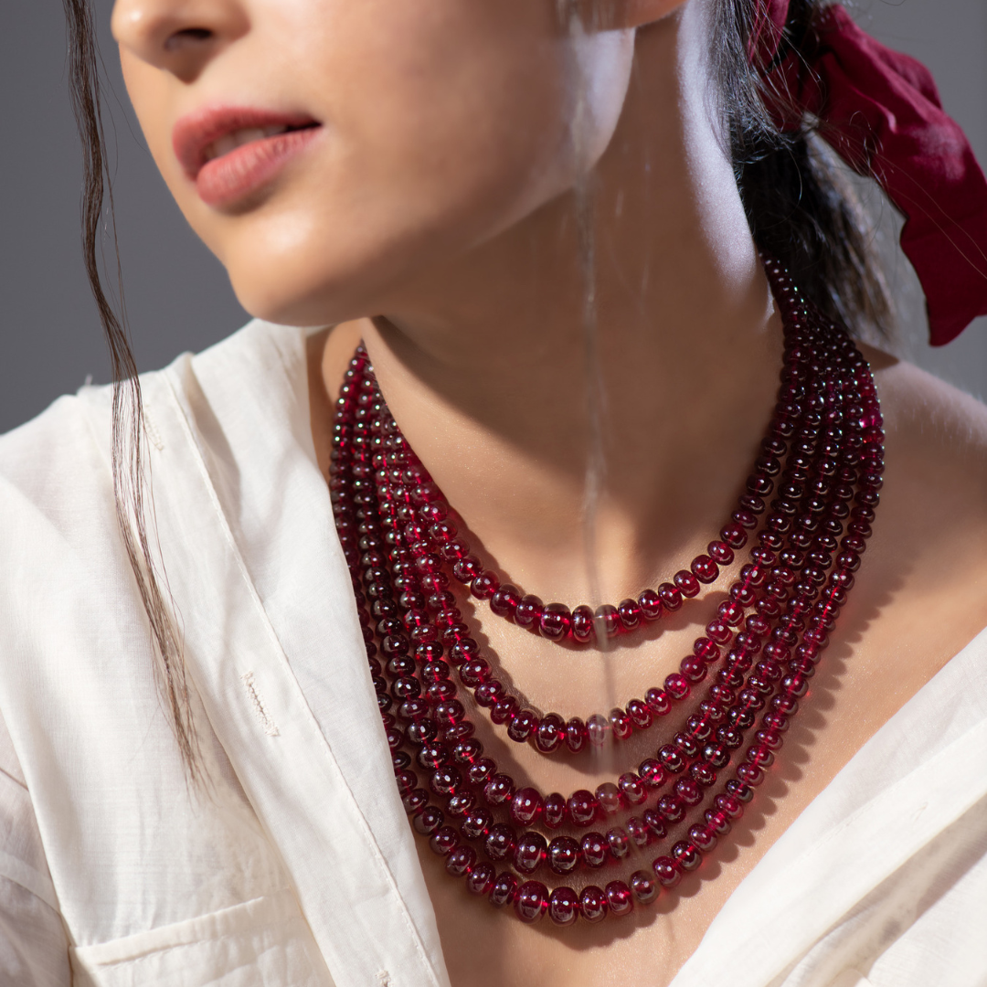 Enchanting Ruby Cascade: Five-Line Ball Gem Necklace