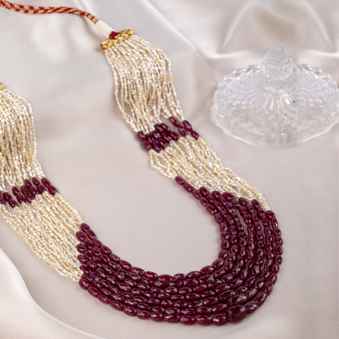 Red U Shape Line Radiant Rubies: 7-Line Necklace with Red U-Shaped Stone Setting