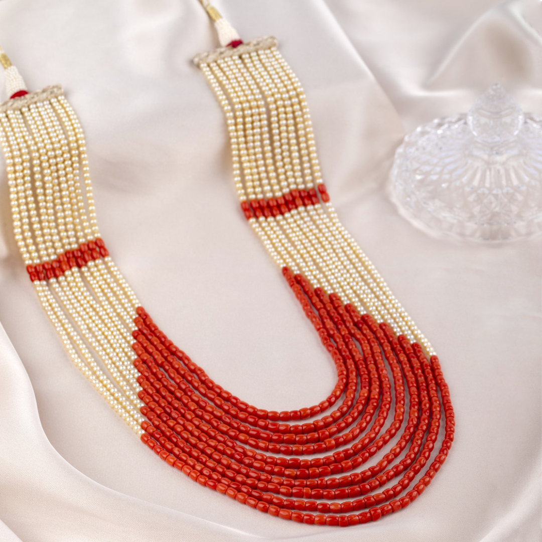 Oceanic Elegance: Corals and Pearls 10-Line Necklace with Vibrant Orange Accent