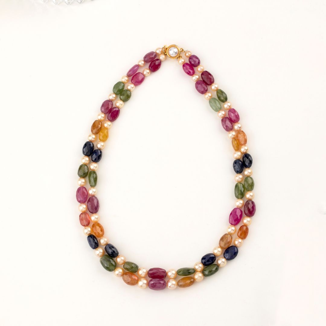 Multicolour Sapphire and Japanese Pearl Two-Line Necklace