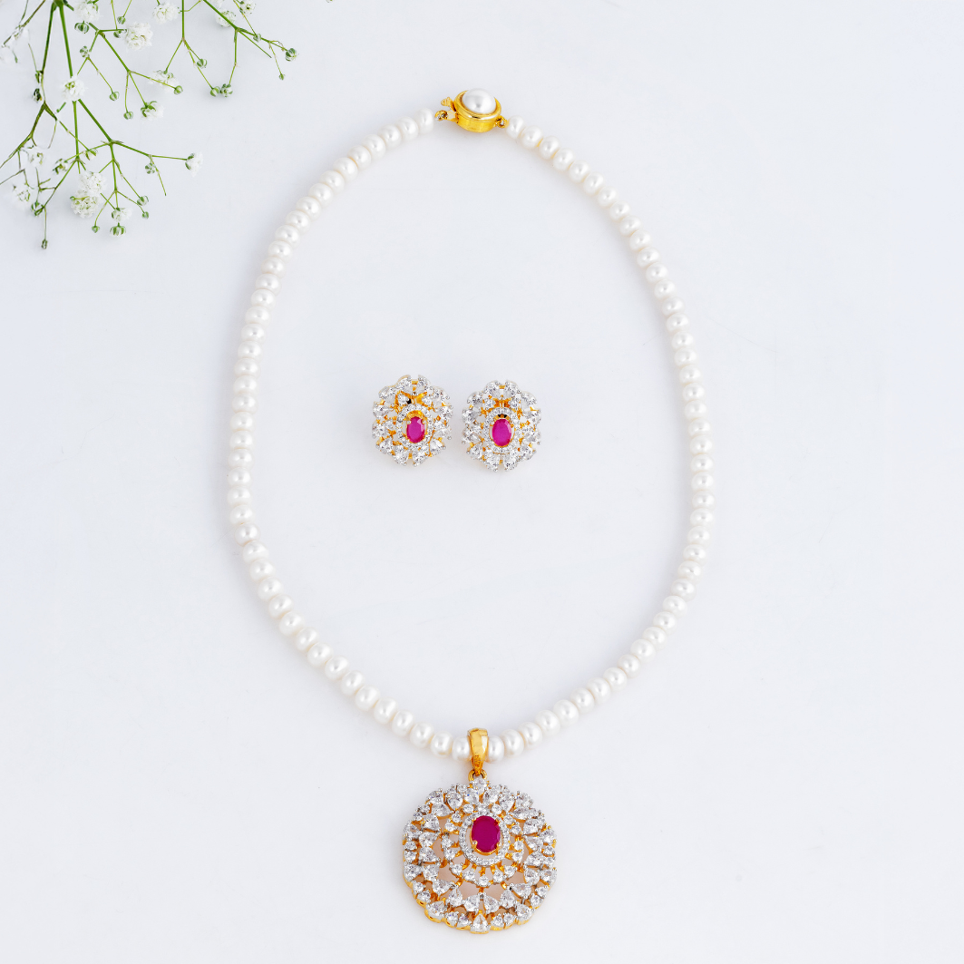 Ruby CZ Pendant Pearl Pendant Set