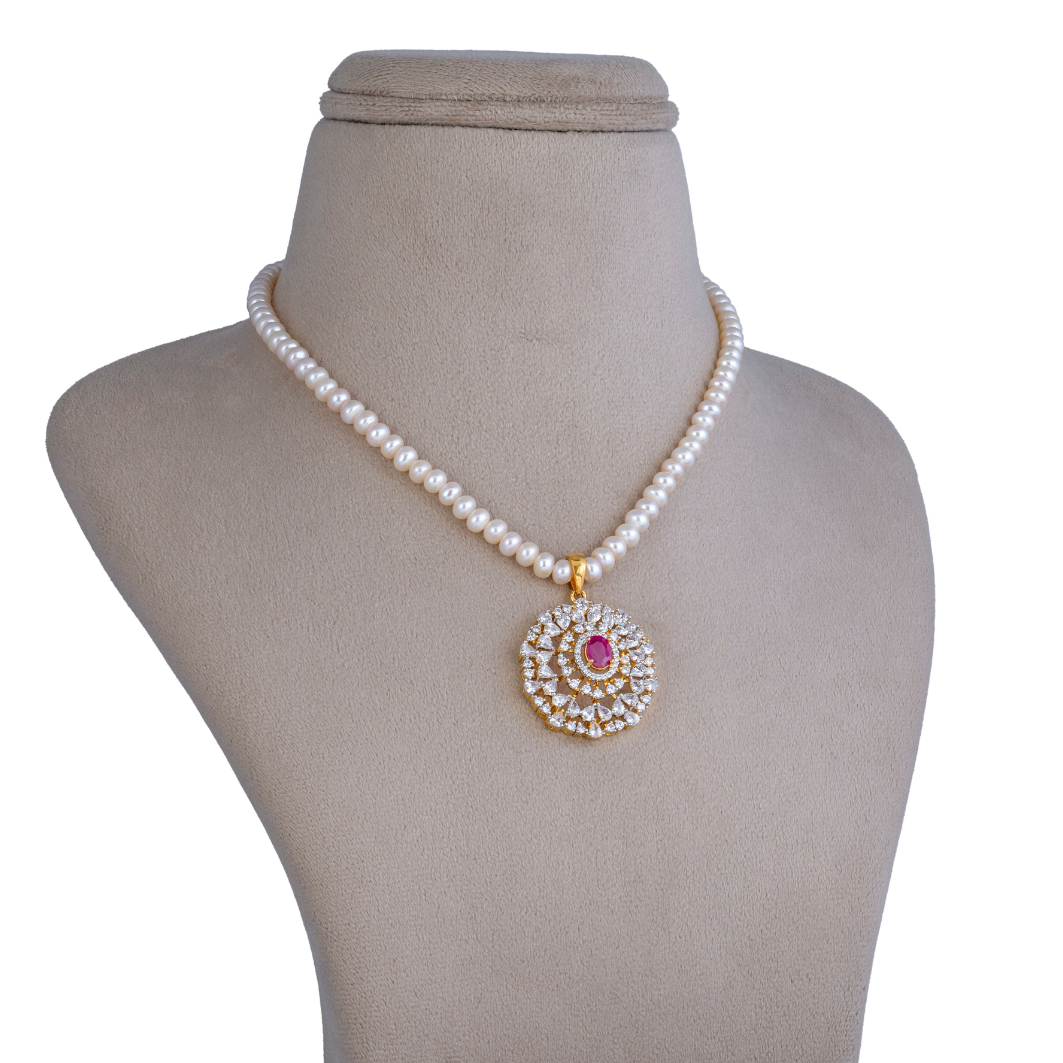 Ruby CZ Pendant Pearl Pendant Set