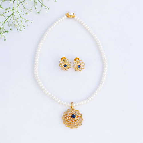 Blue Stone Floral Pearl Pendant Set
