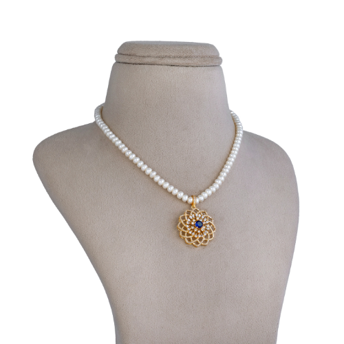 Blue Stone Floral Pearl Pendant Set