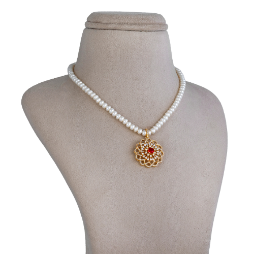 Red Stone Floral Pearl Pendant Set