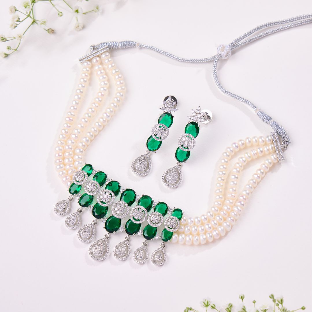 Emerald Silver Accents Pearl Necklace Set