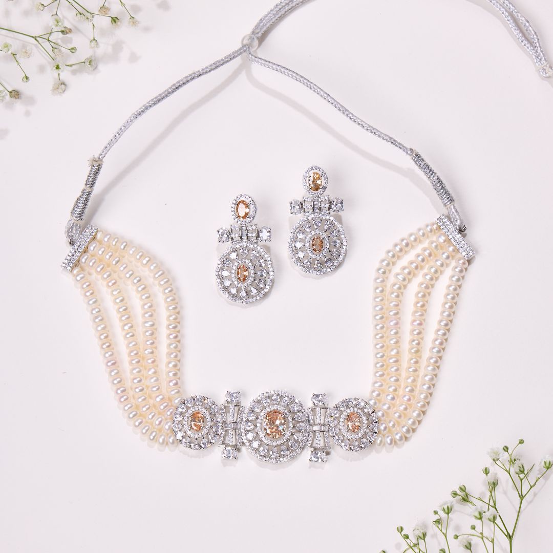 Champagne Stone Pearl Necklace Set