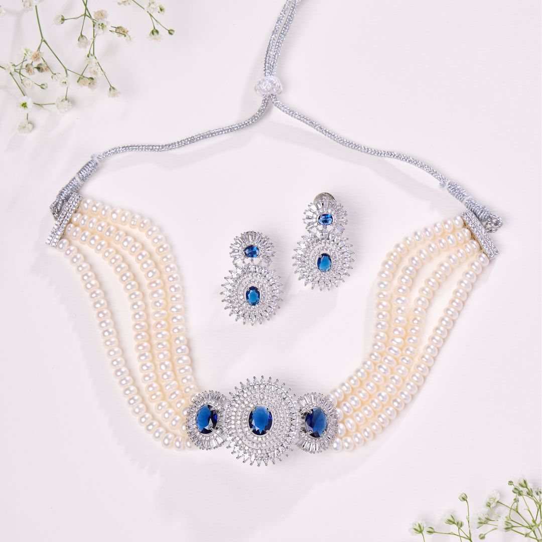 Royal Blue Sapphire Pearl Choker set