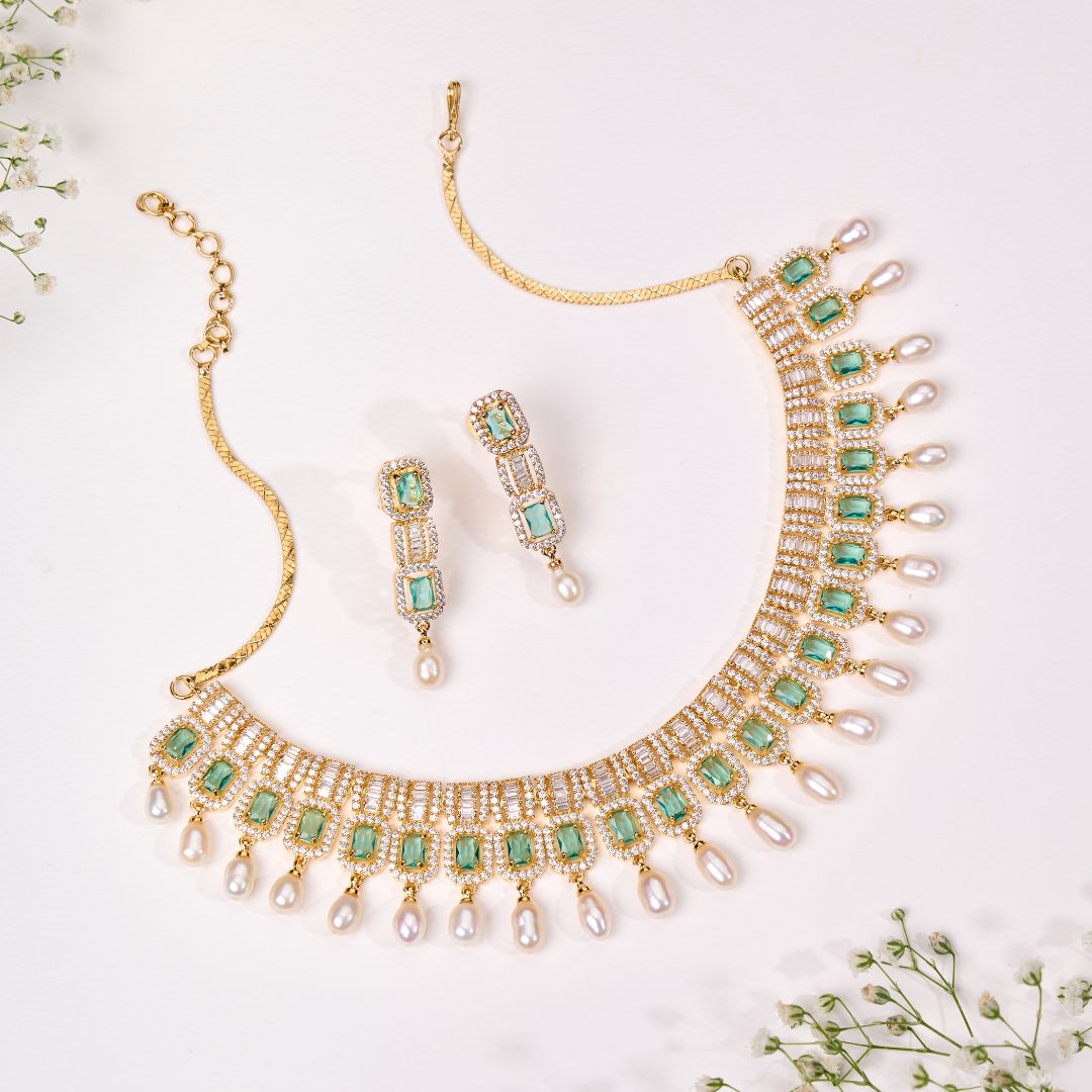 Timeless Emerald Pearl Drops Necklace Set