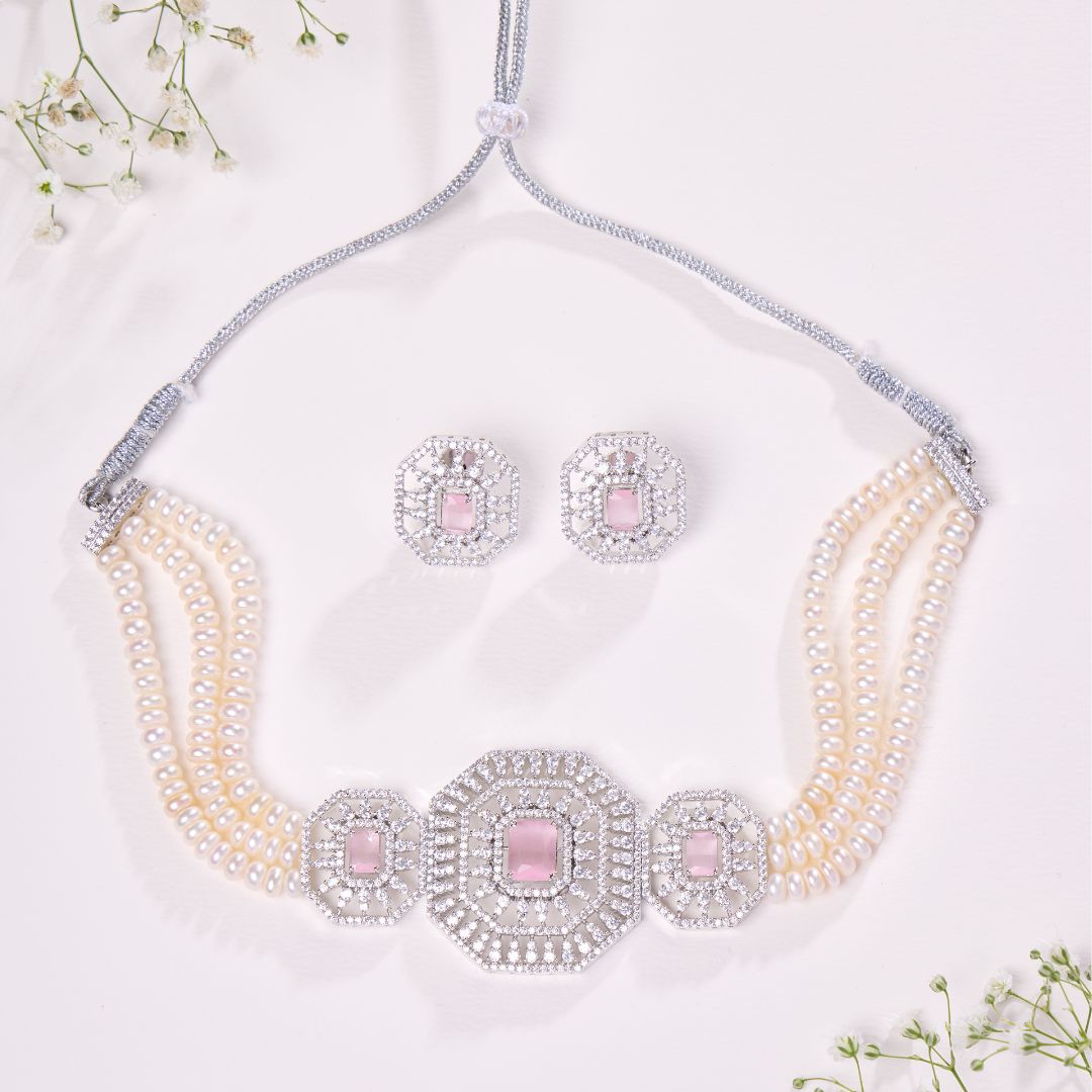 Blush Pink Stone Pearl Choker Set