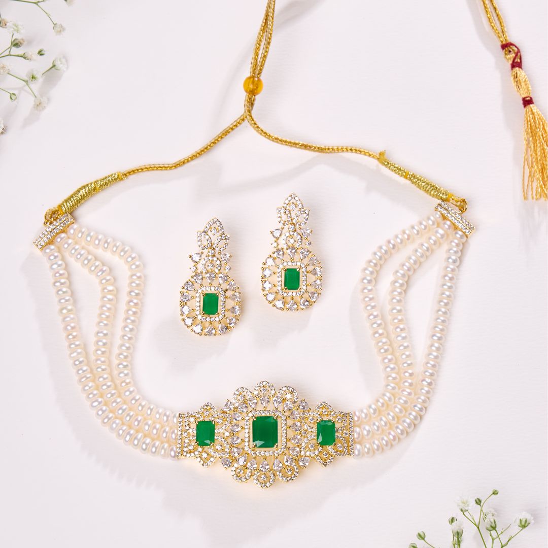 Traditional Green Stone Pearl Necklace Set