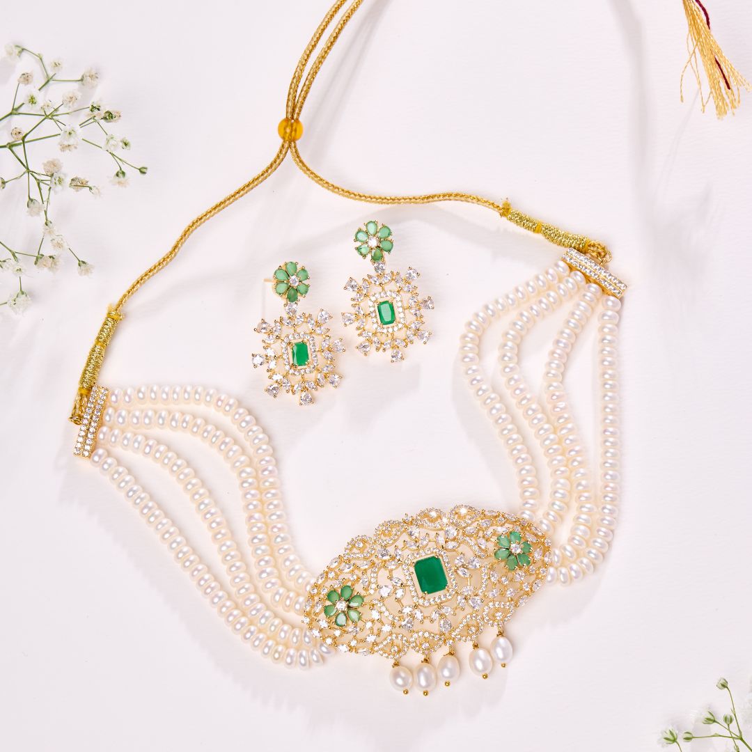 Floral Green Stone Pearl Necklace Set